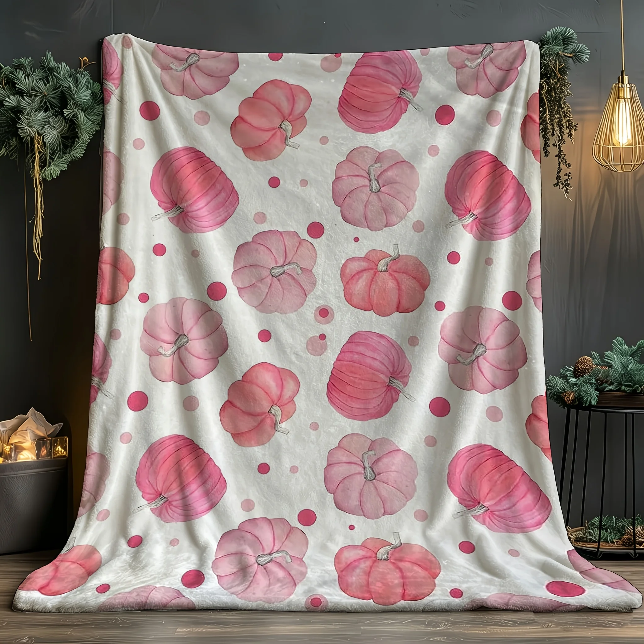 1pc Digital Printing Pink Cute Polka Dot Pumpkin Coverlet - Lightweight, Comfortable And Soft Fall Flannel Blanket, Suitable for