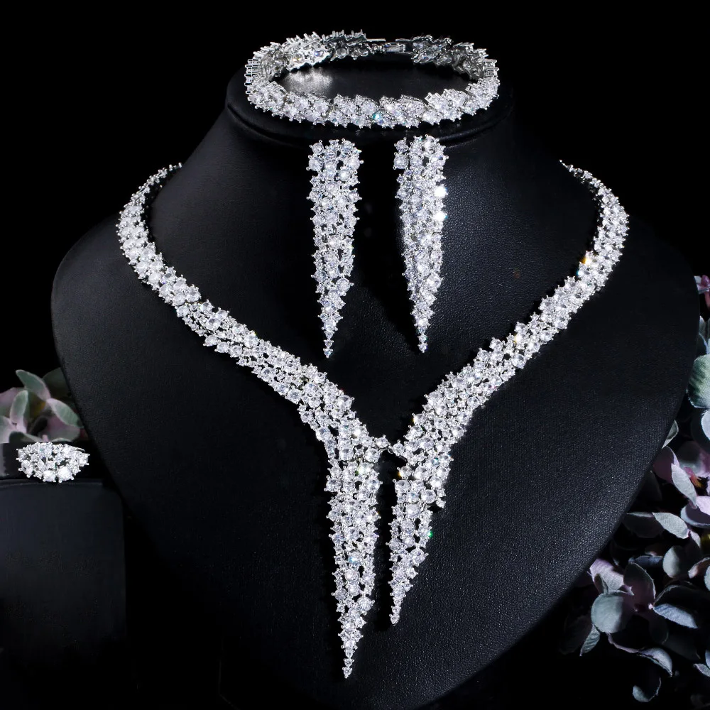 

Handmade Lady Lab Diamond Jewelry Set White Gold Wedding Ring Earring Necklace Bracelet for Women Bridal Engagement Jewelry
