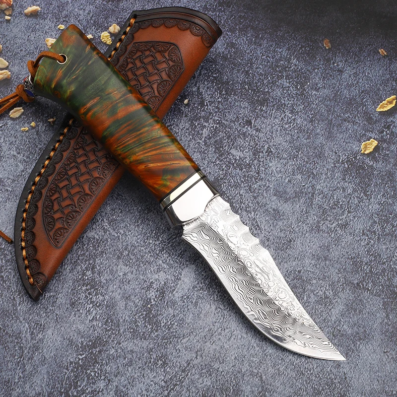 VG 10  Damascus Blade Fixed Outdoor Kitchen Fruit Camping Fishing Survival Pocket EDC Tool Knife