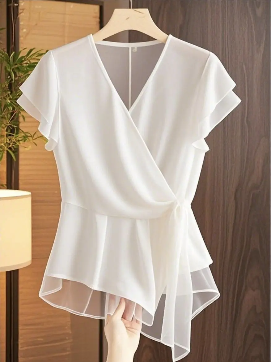 

Slim Fit ort Sve irt Waist-Cinching Design Faionable Summer 2025 plus Size Women's Korean Sle V-ne Bunny Velvet Top