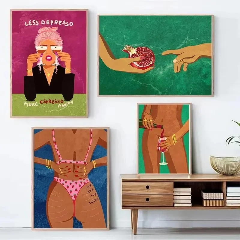 الملونة بوهو قماش اللوحة مثير فتاة شرب النبيذ الفاكهة مجردة جدار الفن الملصقات وطباعة جدار صور لغرفة المعيشة ديكور #2