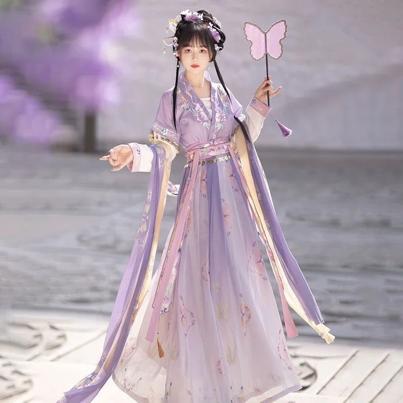 Vestido chinês hanfu para mulheres, antigos conjuntos tradicionais de hanfu, fantasia de carnaval, azul roxo e verde, vestido de dança