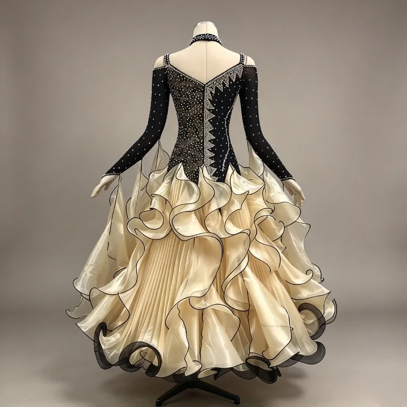 Women's Advanced Ballroom Competition Dance Dresses Long Sleeve Standard Ballroom Skirt Adult Waltz Ballroom Dancing Dress