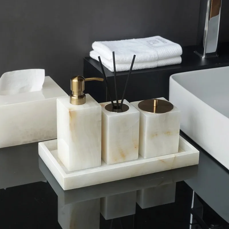 

White Onyx Natural Marble Bathroom Accessories Set Elegant Soap Dispenser Tissue Box Vanity Tray Bathroom Set