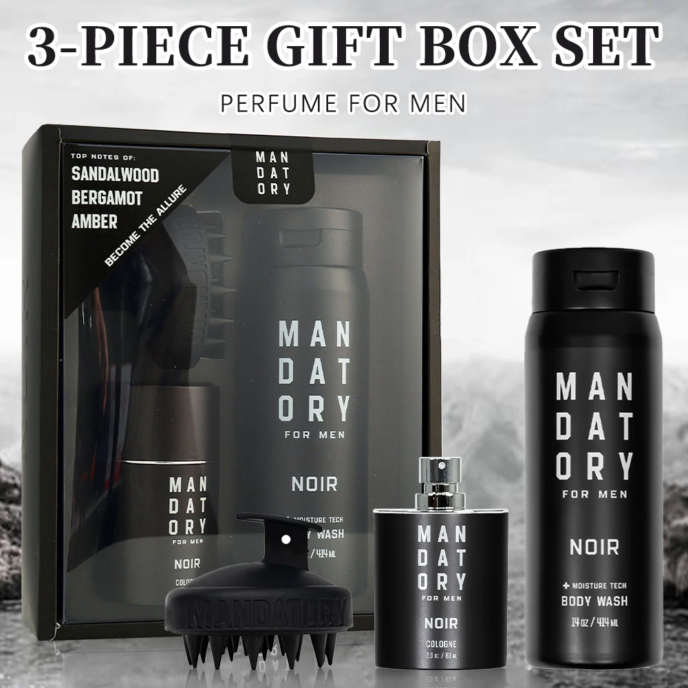 MANDATORY Men's Fragrance Set Cologne Spray Eau de Toillete 2.0 Oz Body Wash 14 Oz Shower Gel 1 Pc Hair Scalp Massager Brush 3pc