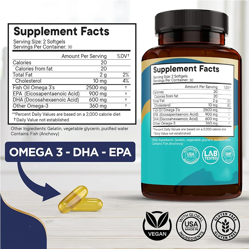 Omega 3 Fish Oil 2500mg Supplement, Immune and Cardiac Support, Promotes Joint and Skin Health, 60 Capsules