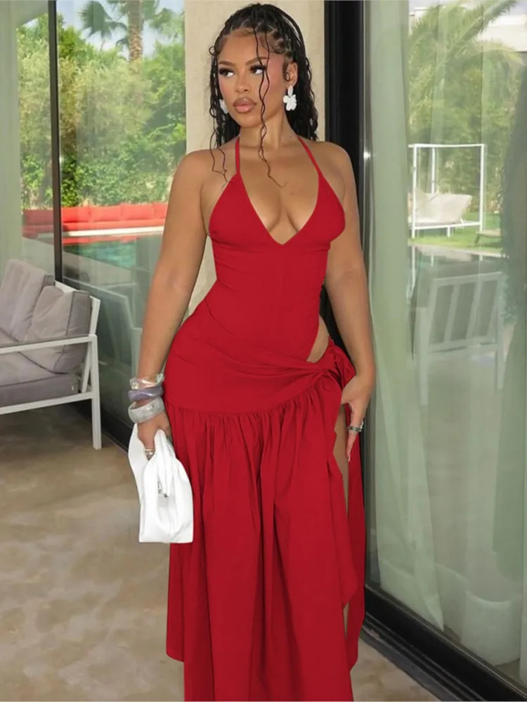 

Women Fashion Spaghetti Strap Two Piece Set Sexy Bodysuit Tops And Lace-up Long Skirt Outfits Female Elegant Vacation Beach Sets
