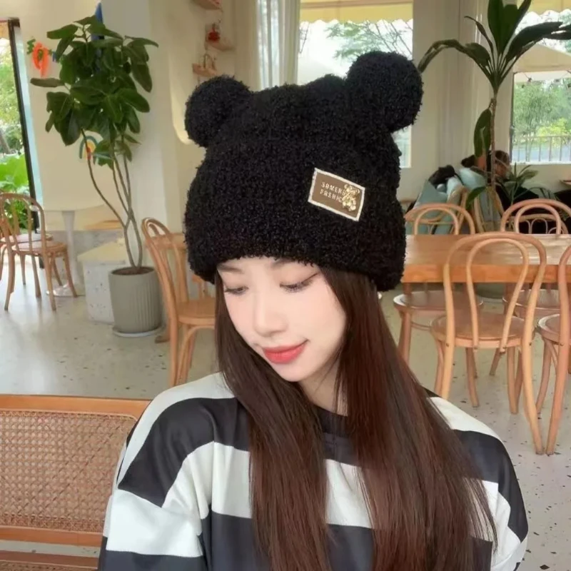 Fashionable Fall and Winter Women\'s Knitted Cap Plush Warm Cute Bear Thickened Knitted Cap Show Face Small Winter Warm Gifts