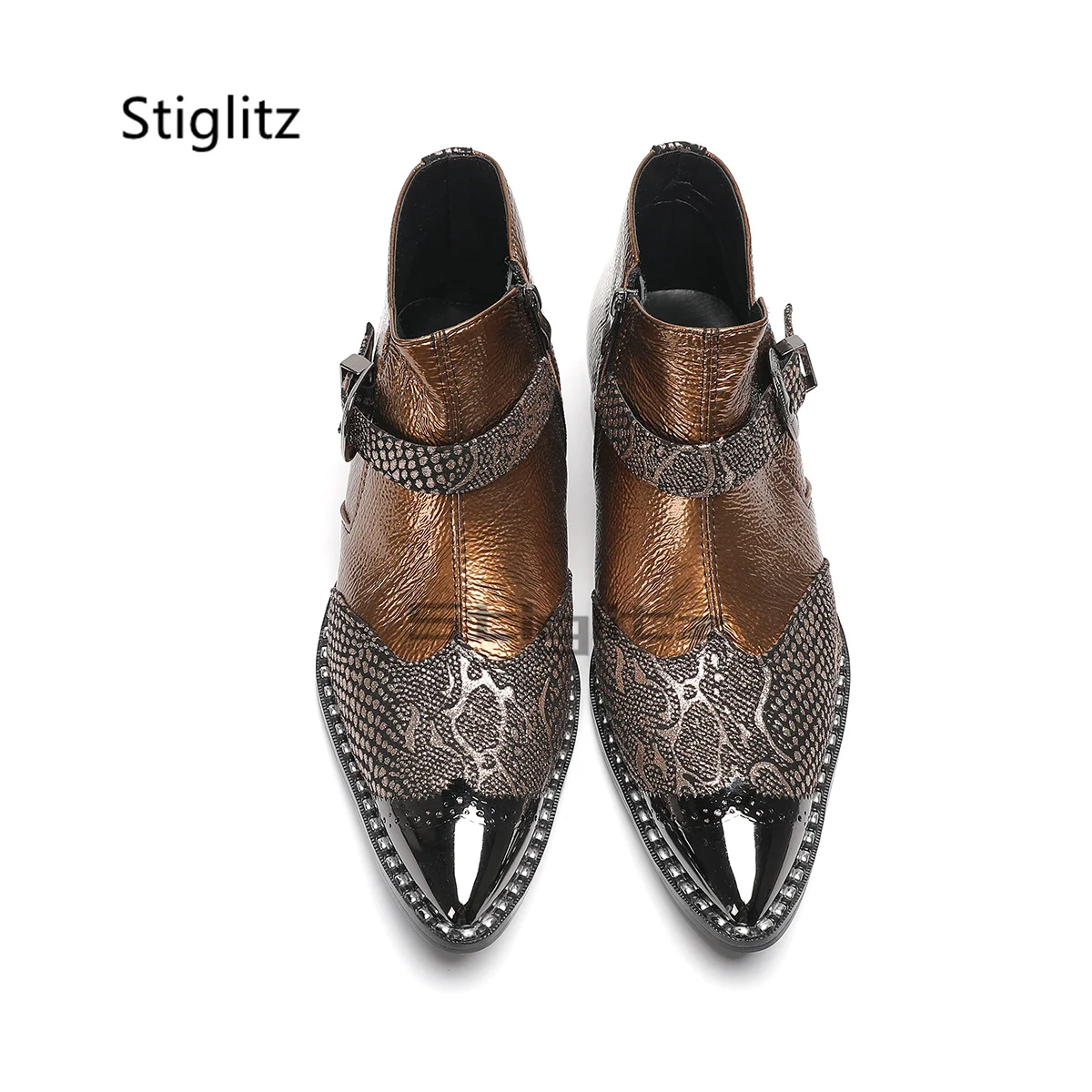 Sepatu Bot Chelsea Sambungan Pria Sepatu Bot Pendek Ujung Lancip Logam Gesper Sabuk Sepatu Gaun Perjamuan Pesta Hak Rendah Kulit Asli