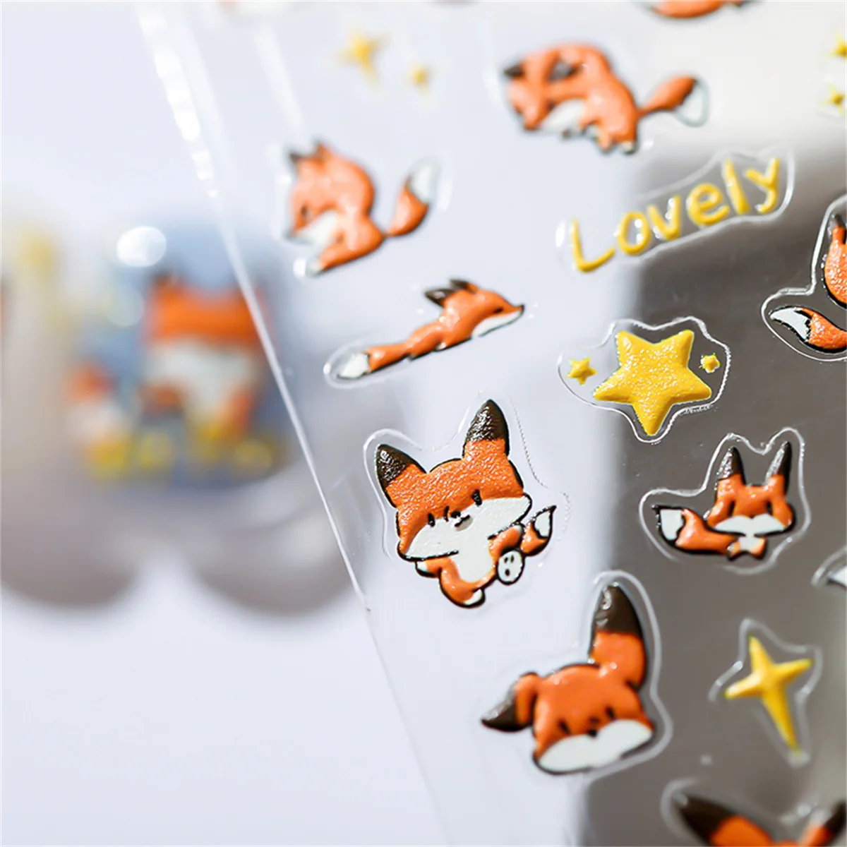 1pcs 5D Kawaii Relief Cartoon Fox Nail Art Stickers Kawaii Star Animals Acrylic Backglue Nail Decorations Decals Accessories DIY