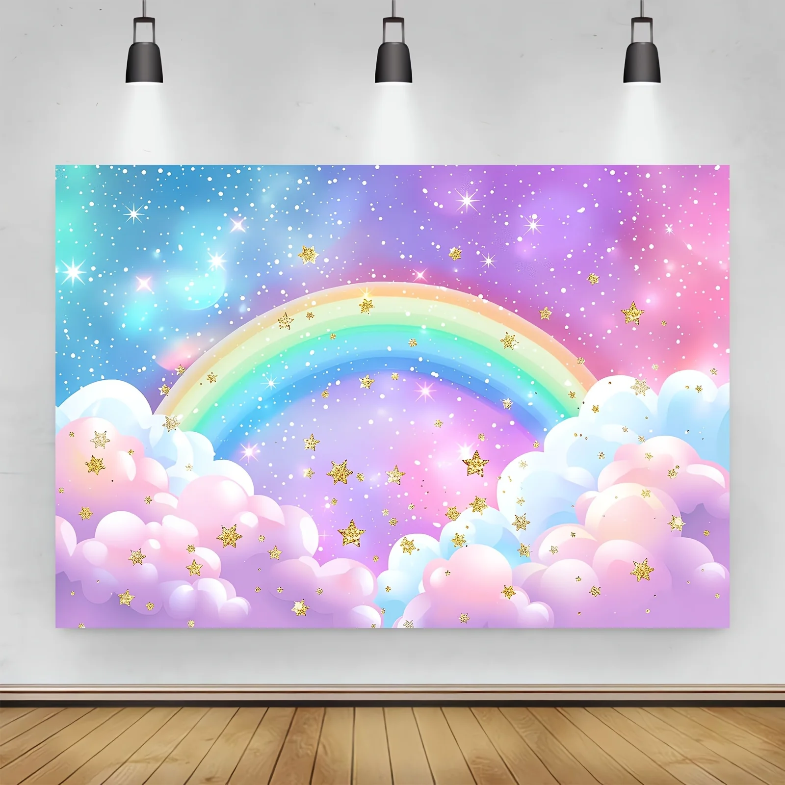 Polyester rainbow sky clouds twinkling stars Golden dot photography background Birthday