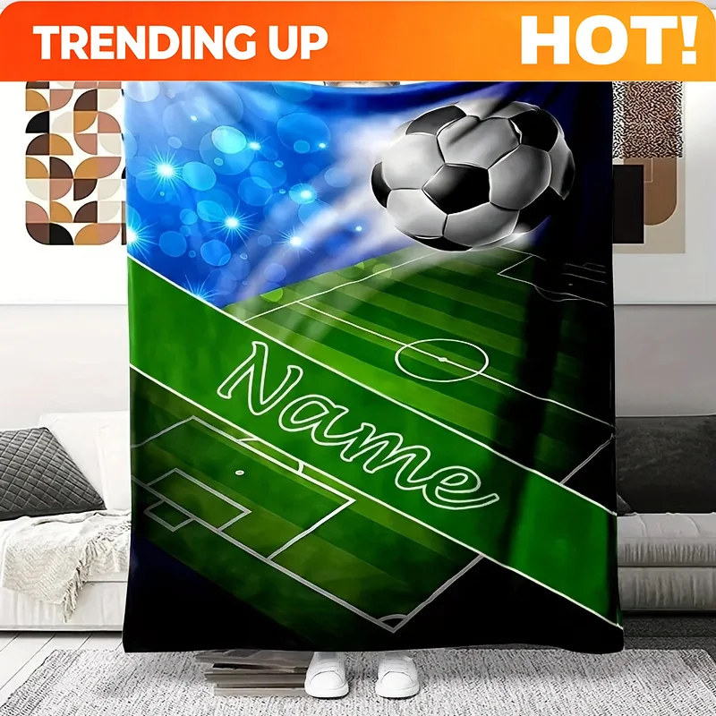 Customize 1pc Personalized Soccer Plush Blanket - Custom Name & Number, Soft Flannel Machine-Washable Throw for Sofa, Bed, Trave