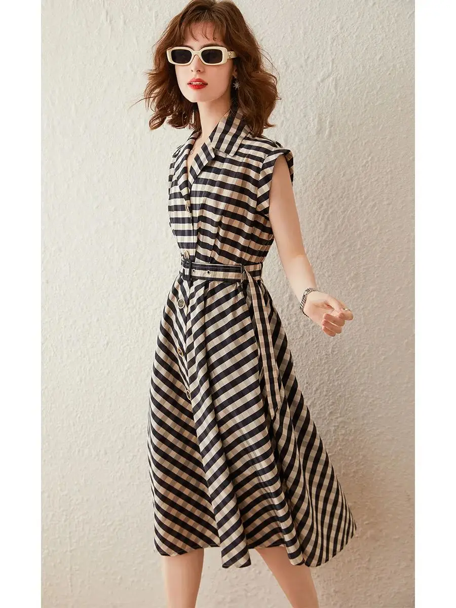 LOUIS YAO Women Dress 2024 Summer Turn Down Collar Short Sleeve Elegant Check Retro Style High Waist With Belt A-line Long Dress