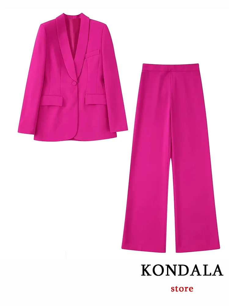 

KONDALA Commute Rose Red Button Solid Women Suit Long Sleeve V Neck Blazer Zipper Straight Pants Chic Famale Suit Fashion 2022