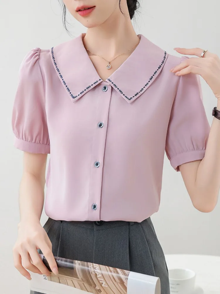 디자인 센세이션 돌 칼라 오르트 스웨 여성용 한국 스타일 버블 스웨 쉬폰 탑 출퇴근용 고급스러운 여름 신상품