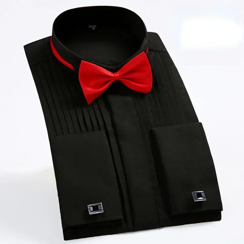 2024 New Business Stand Collar Wedding Tuxedo Dress Shirt For Men White French Cufflink Long Sleeve Shirt For Men