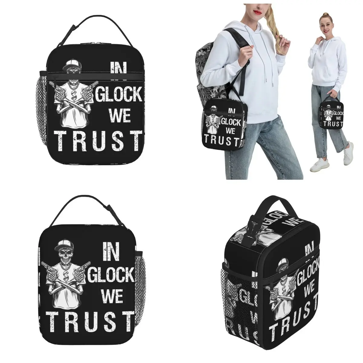 In Glock We Trust Skull Guns Lover Accessories Insulated Lunch Bag Military Firearms Pistol Gun Fan Lunch Box Thermal Cooler