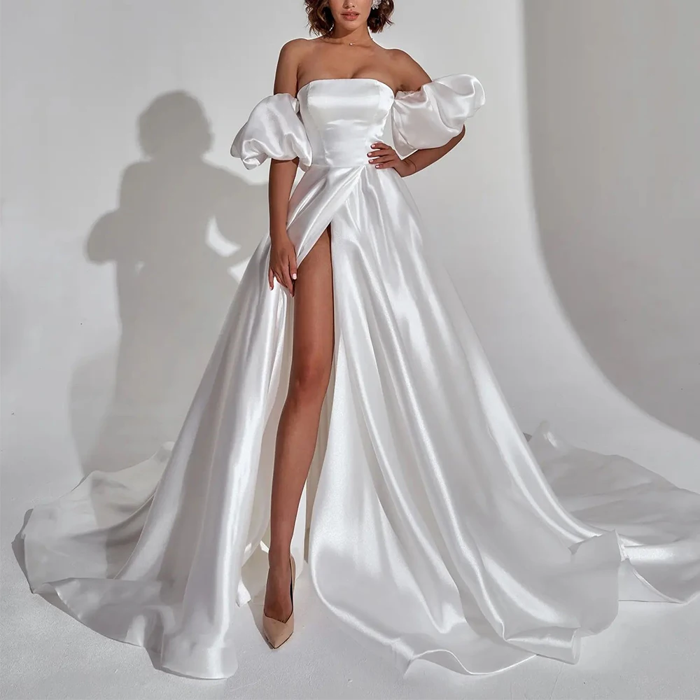 Sexy Side Slit Wedding Dress Strapless with Puff Short Sleeves Bride A-Line Floor Length Sweep Train Customized Marriage Gowns