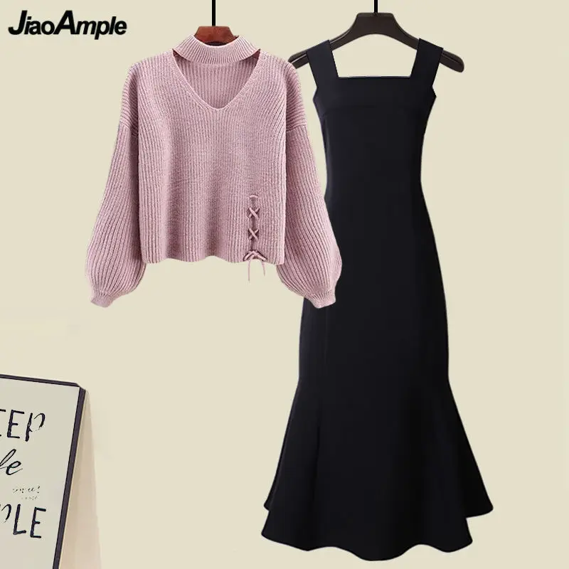 

Women Korean Autumn Winter Sweet Pink Sweater Tank Dress 1 or Two Piece Set 2023 New V-Neck Knit Tops Trumpet Dresses Outfits