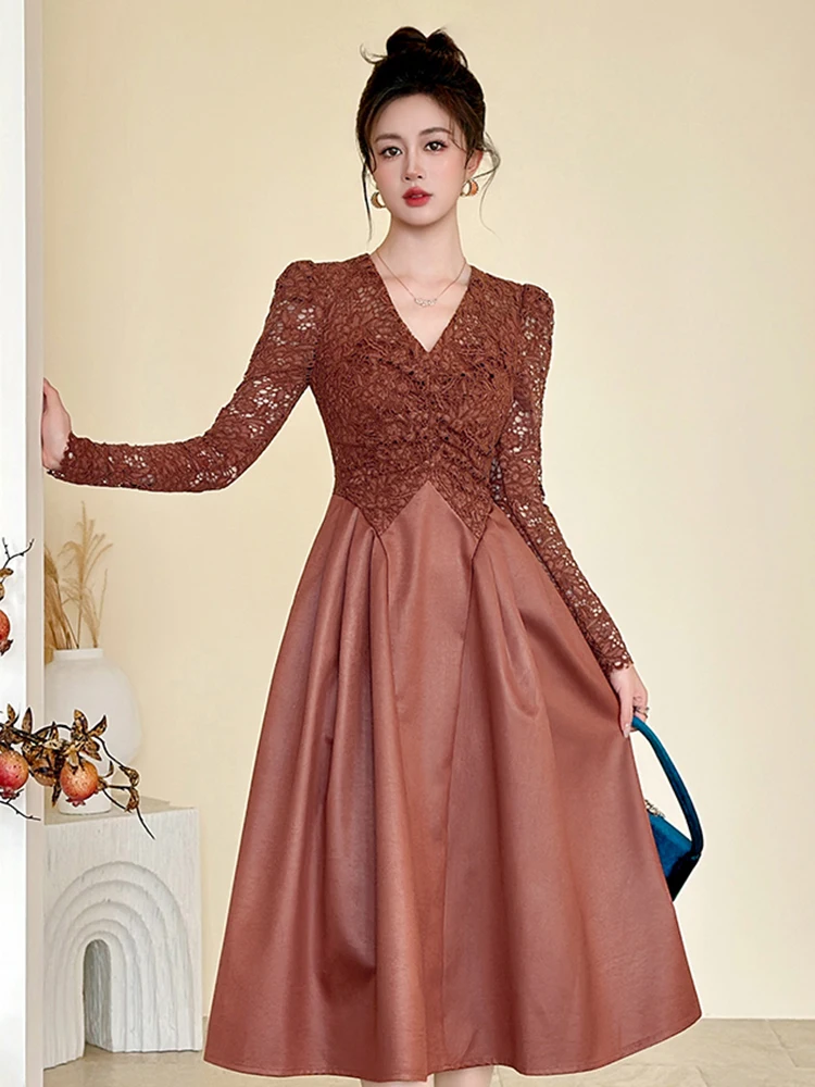 Prom Party Elegante Frauen Retro Braun Spitze Splic V-ausschnitt Falten A-Line Midi Kleid Formale Süße Dating Dame Robe Vestidos Casual Neue