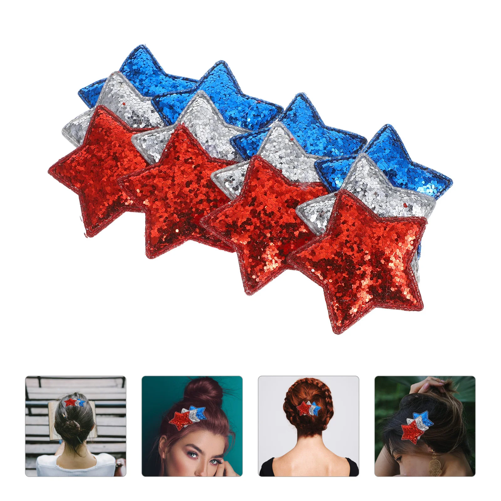 

4Pcs Star Shaped Hair Clips Red Blue Silver Glitter Patriotic Hair Accessories for Independence Day 4Th of July Party