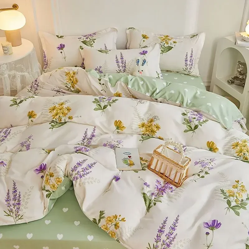 INS Princess Style Small Fresh Purple Lavender Bedding Set Four Pieces Girl Twin Full Double Size Floral Bed Sheet Pillowcase