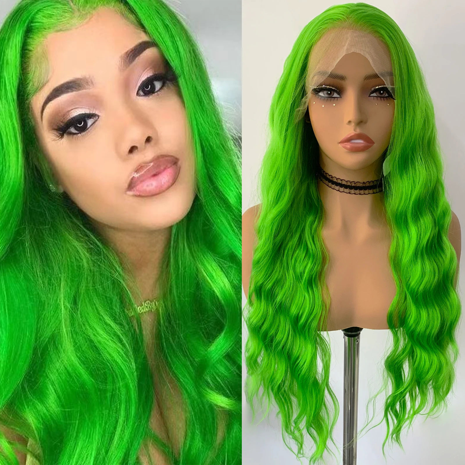 WIF Loose Wave Green Synthetic 13x4 Lace Front Wig Long Wavy Cosplay Use Heat Fiber Lace Front Wigs Women Makeup Wear
