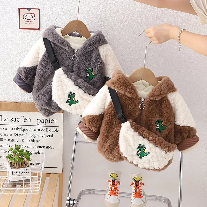 

0-5Years Children's Winter Warm Cartoon Embroidery Furry Coat+Dinosaur Bag Boys' Cute Ear Plush Jacket Fashion Hooded Outerwear