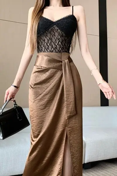 

Spring Summer French Style Acetate Satin Midi Skirt for Women Tie Waist Slim Fit Goddess Vibe High End Design with Side Slit