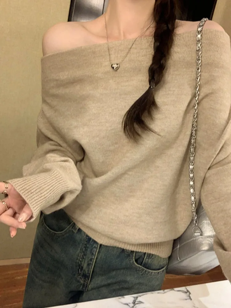 한국 슬레 레이지 대각선 어깨 스웨터 여성용 가을 겨울 신상 고급 감성 슈퍼 아름다운 이너웨어 아우터웨어...