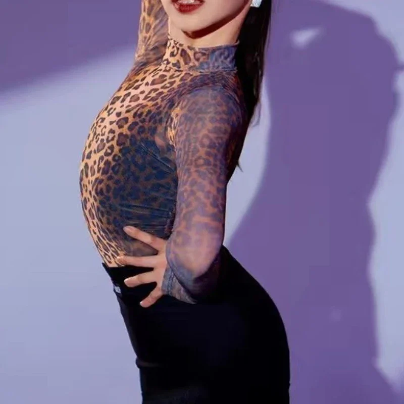 ชุดฝึกซ้อมเต้นลาตินสำหรับเด็กผู้หญิง ลายเสือดาว แขนยาว 3 ชิ้น ชุดแสดงบนเวทีบอลรูม