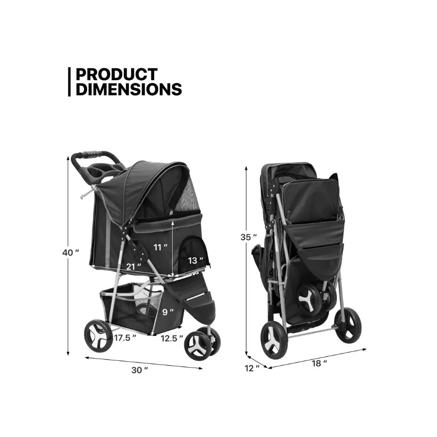 Foldable Dog Strollers For Small Dogs With Weather Cover, 3 Wheels Pet Strolling Cart For Dogs And Cats With Storage Basket view 6