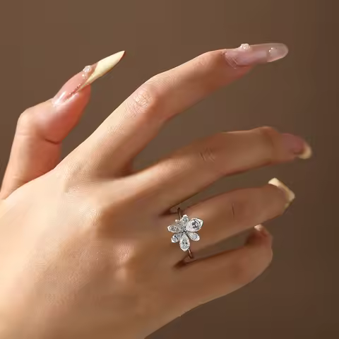 ATTAGEMS 925 Sterling Silver Luxury Women Ring Flowers D VVS1 Moissanite Pear-cut Engagement Band Anniversary Gift Fine Jewelry