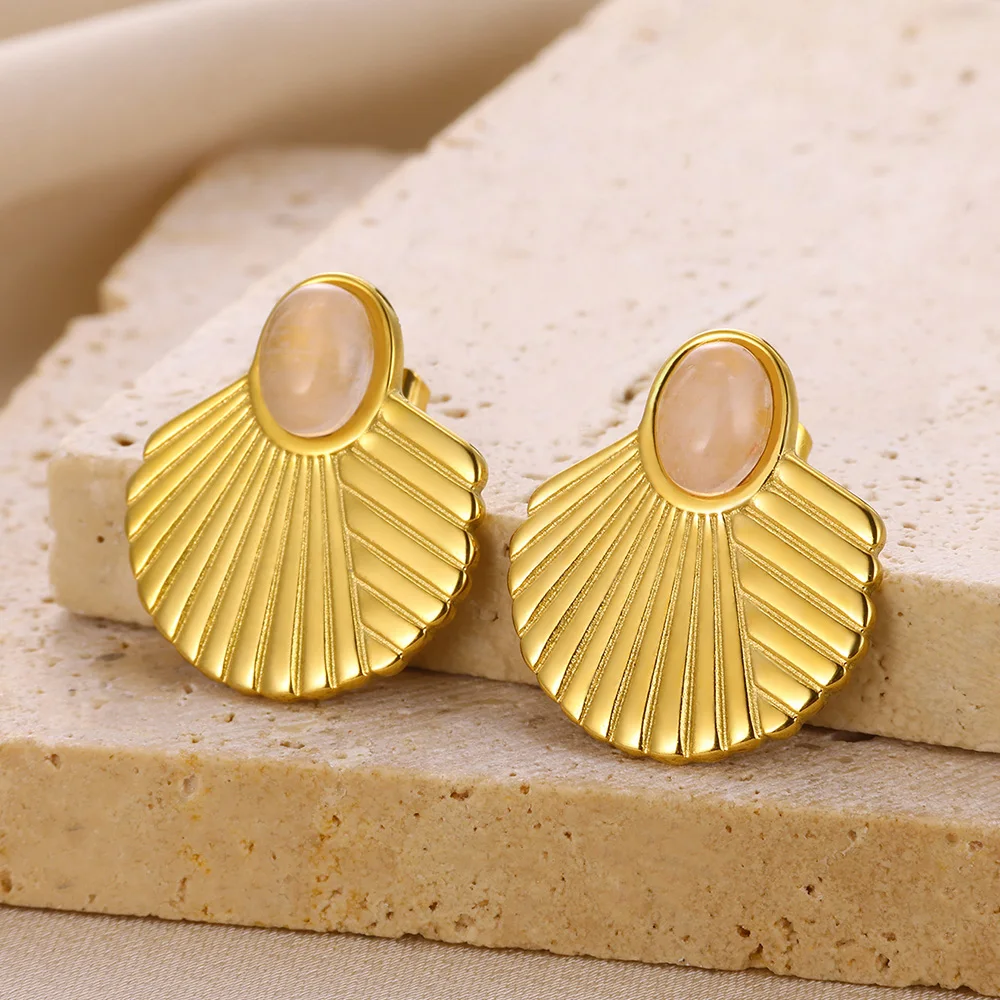 Stainless Steel Shell Fan-Shaped Stud Earrings For Women Irregular Oval Stone Earring Vintage Charm Gold Color Jewelry Gifts