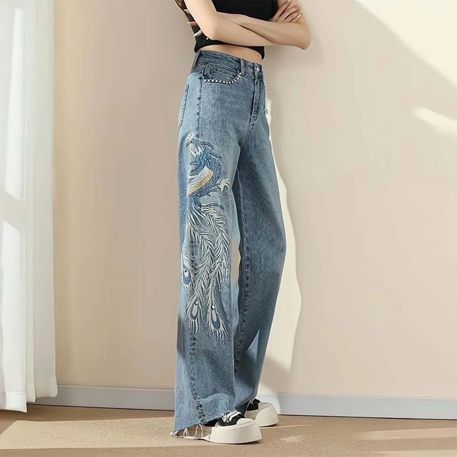 

Womens Jeans Straight Leg Pattern Trousers Embroidered Pants for Women Graphic With Print Denim Summer Basics Korean Style Jeans