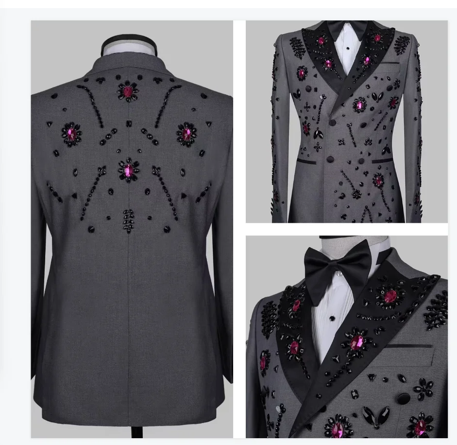 

Grey Black Men Suit Set 2 Piece Blazer+Pants Trousers Flower Crystals Customized Formal Office Jacket Groom Wedding Tuxedo Coat
