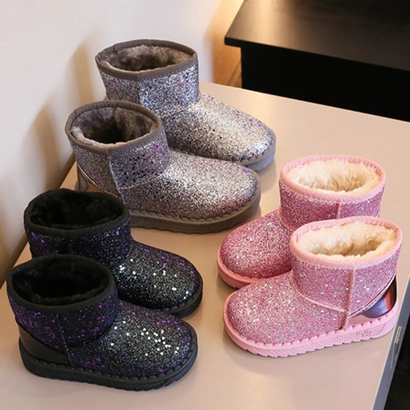 Bottes de neige en velours optique pour enfants, chaussures en coton à paillettes, bottes chaudes en peluche pour tout-petits, mode de rencontre,