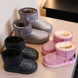 Botas de terciopelo grueso para niños pequeños, zapatillas de felpa cálidas, botas de nieve para niños, zapatos de algodón con lentejuelas para niñas, moda de princesa, invierno, nuevo