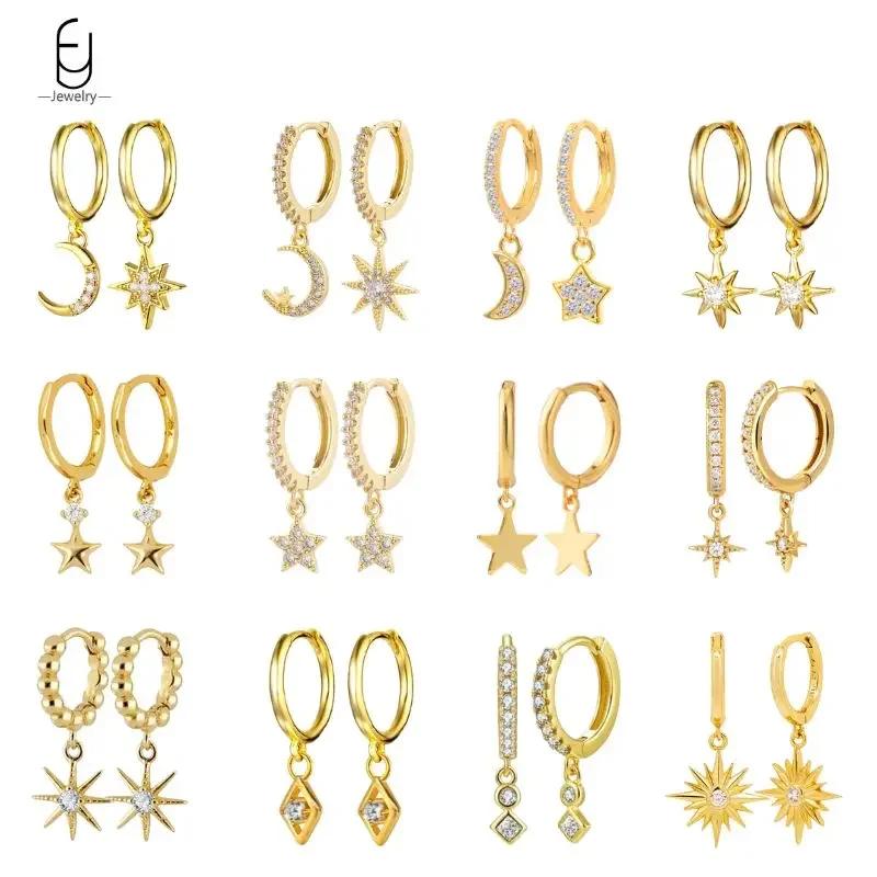 925 Stelings Silver Ear Needle Small Square Drop Earrings For Women Crystal Octagonal Star Sun Hoop Earrings Fashion Jewelry