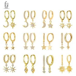 Pendientes de gota cuadrados pequeños con aguja de oreja de plata 925 Stelings para mujer, pendientes de aro octogonales de cristal con forma de estrella y sol, joyería de moda