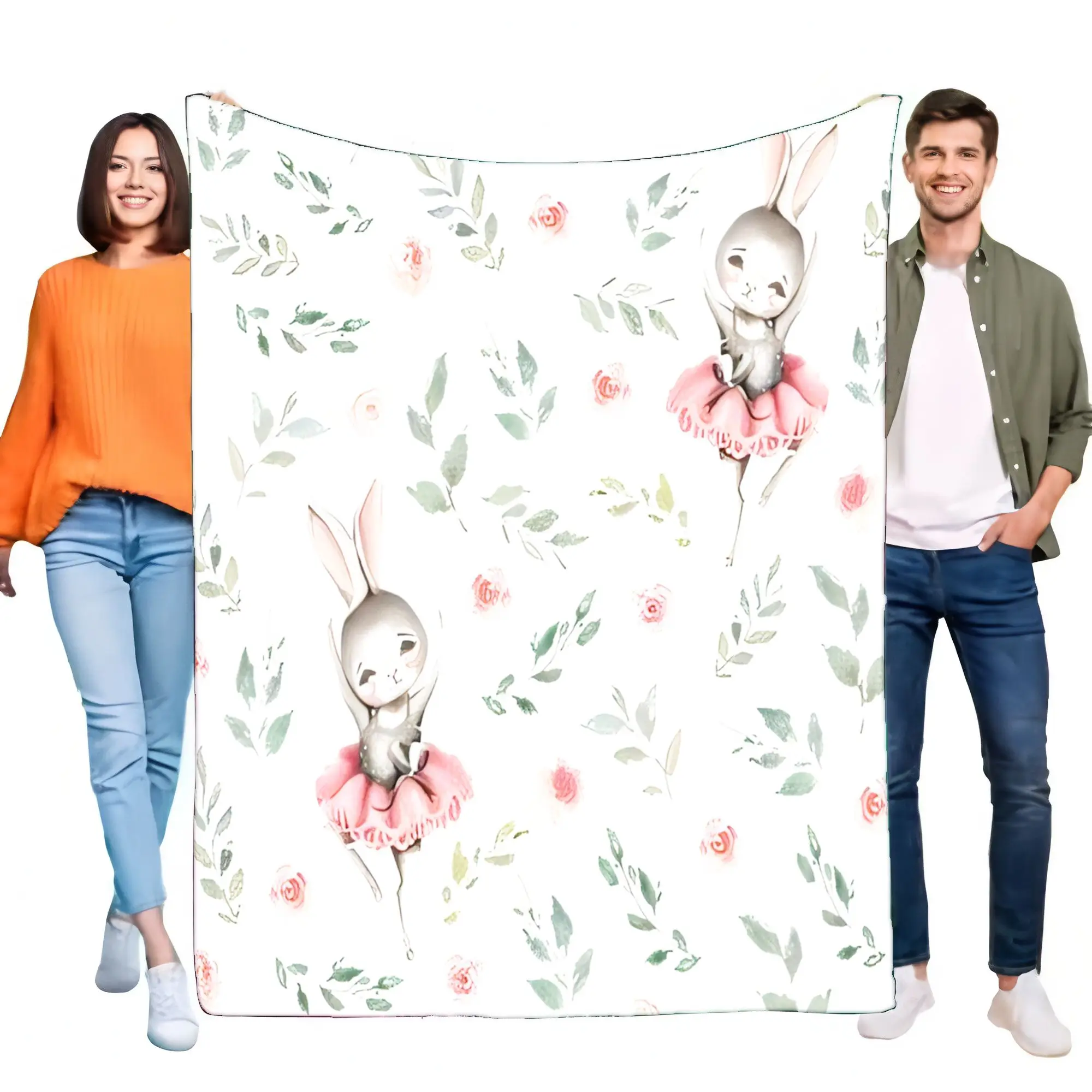 Cute Rabbit Floral Blanket Soft Lightweight Throw for Kids Cozy Bedroom Decor Gift