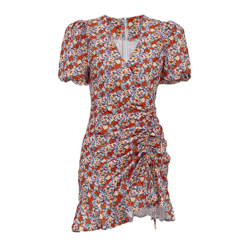 Schickes geblümtes gerafftes Minikleid für Damen mit V-Ausschnitt, Puffärmeln, Kordelzug, schmal geschnittener Bodycon-Rock, für den Alltag, Strandurlaub, Sommer, Freizeitkleid – Detail 4