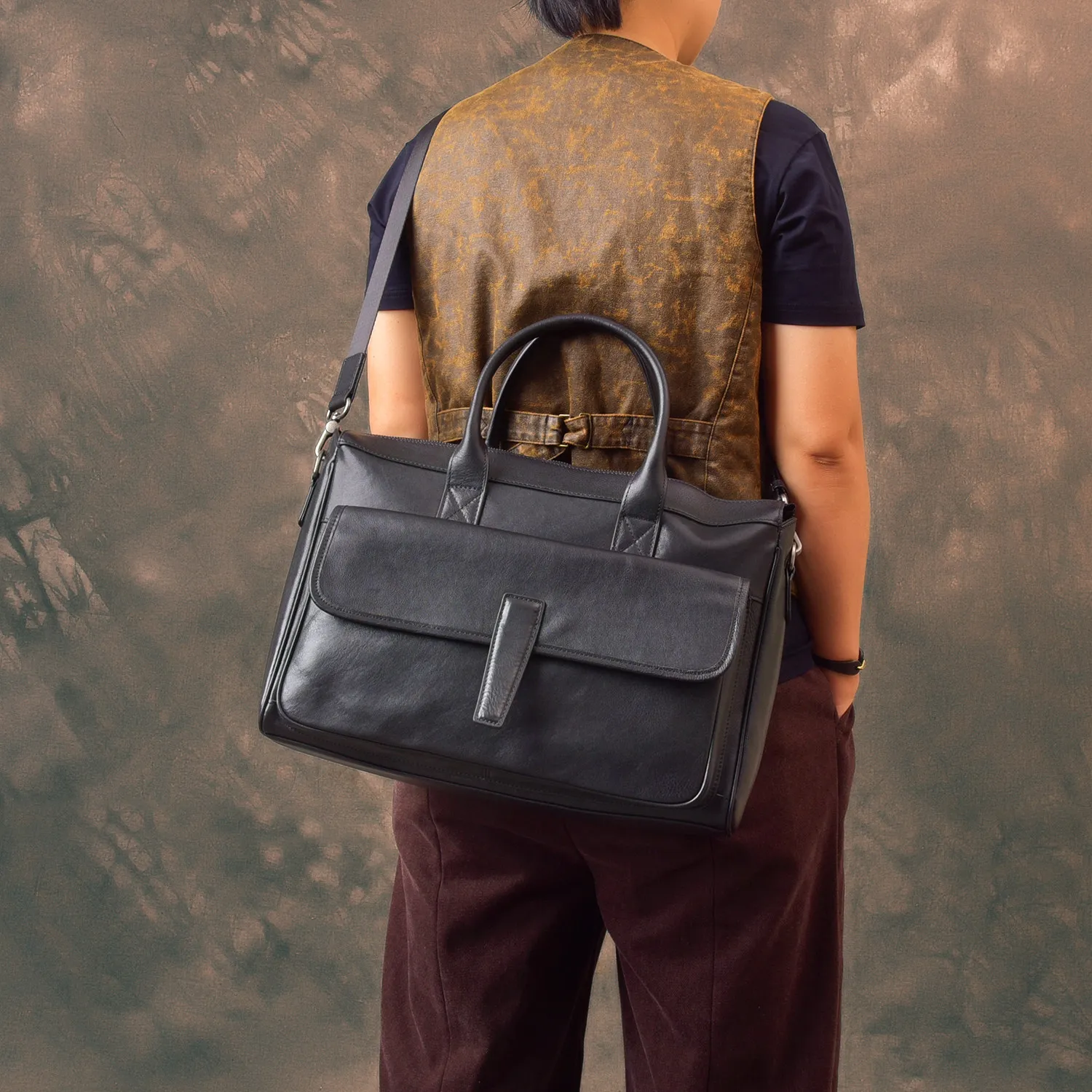 business casual luxury genuine leather men briefcase designer handmade work real cow leather black laptop handbag messenger bag