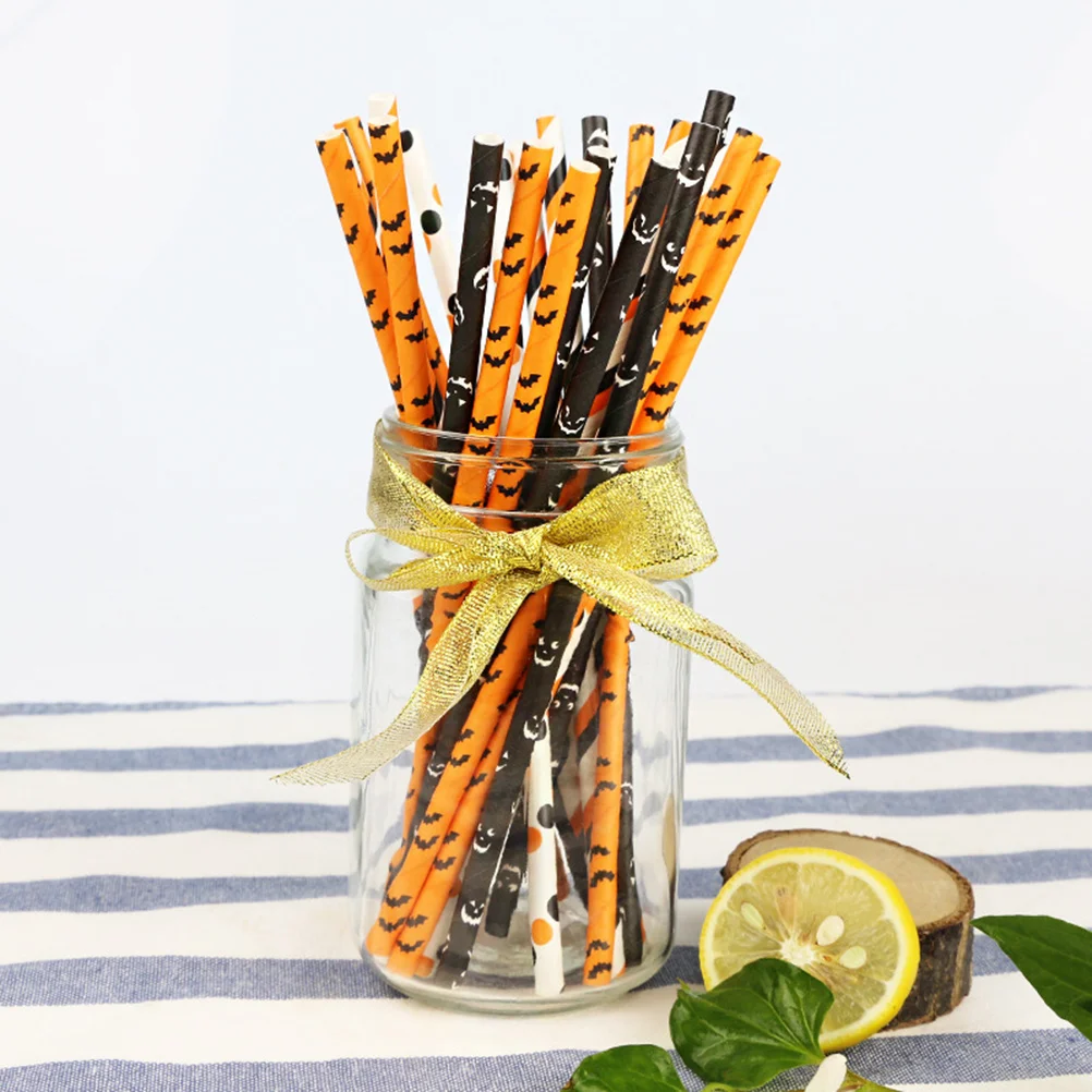 

50 Pcs Bat Party Straw Reusable Straws Coktail Paper Christmas Drinks Tubes Pink Disposable Halloween Drinking Glass