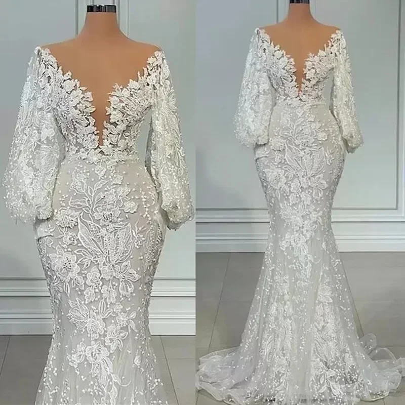 Maßgeschneidertes Brautkleid mit U-Boot-Ausschnitt, Meerjungfrauen-Schnitt, Spitze, Perlen, langen Ärmeln, Applikationen, echtes Foto, Plus-Size-Brautkleid