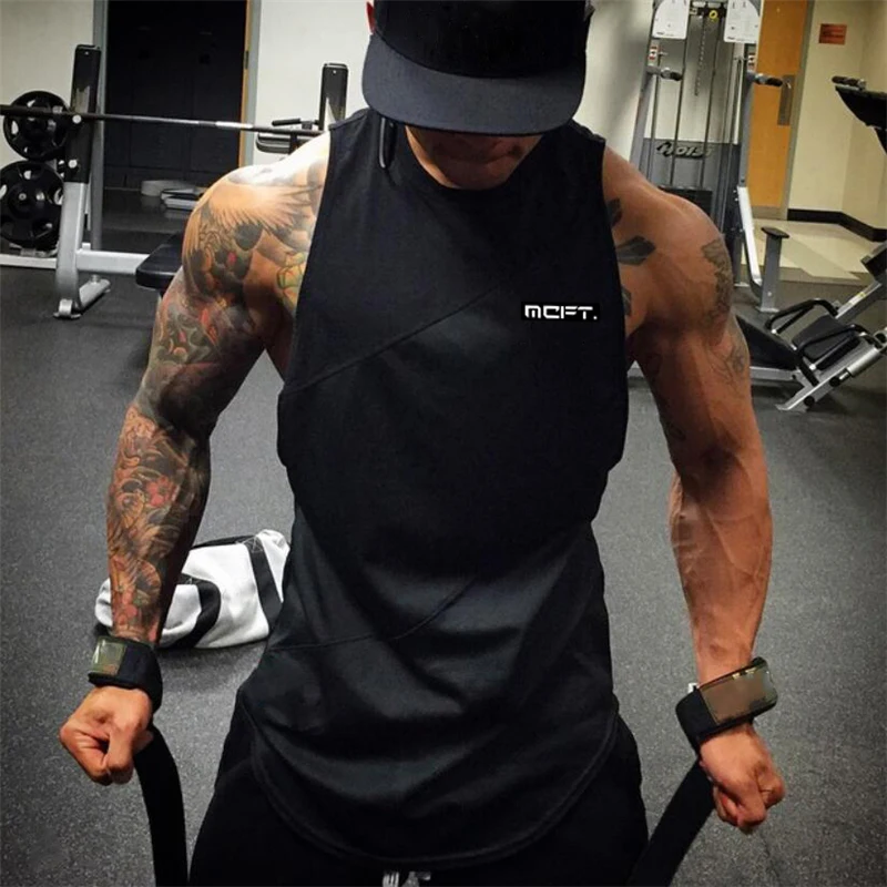 Summer Cotton Patchwork Mesh Gym Fitness T-shirt Men\'s Bodybuilding Running Sleeveless Tank Tops Outdoor Sports Training Vests