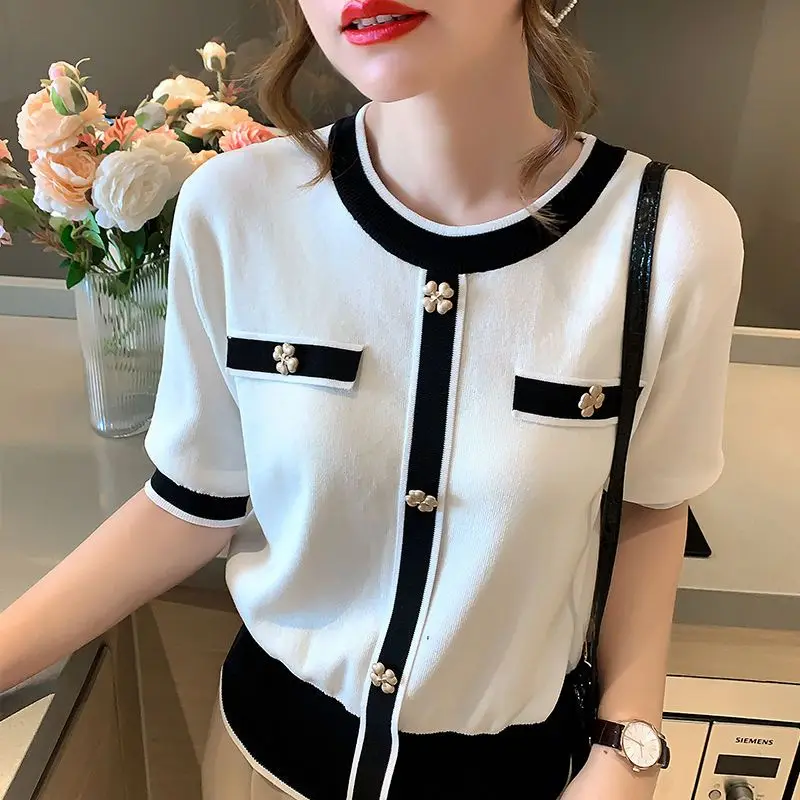 Short Sleeve Contrast Patchwork Tops Summer New O-neck All-match Elegant Temperament Loose Youth T Shirts Korean Women Cothing