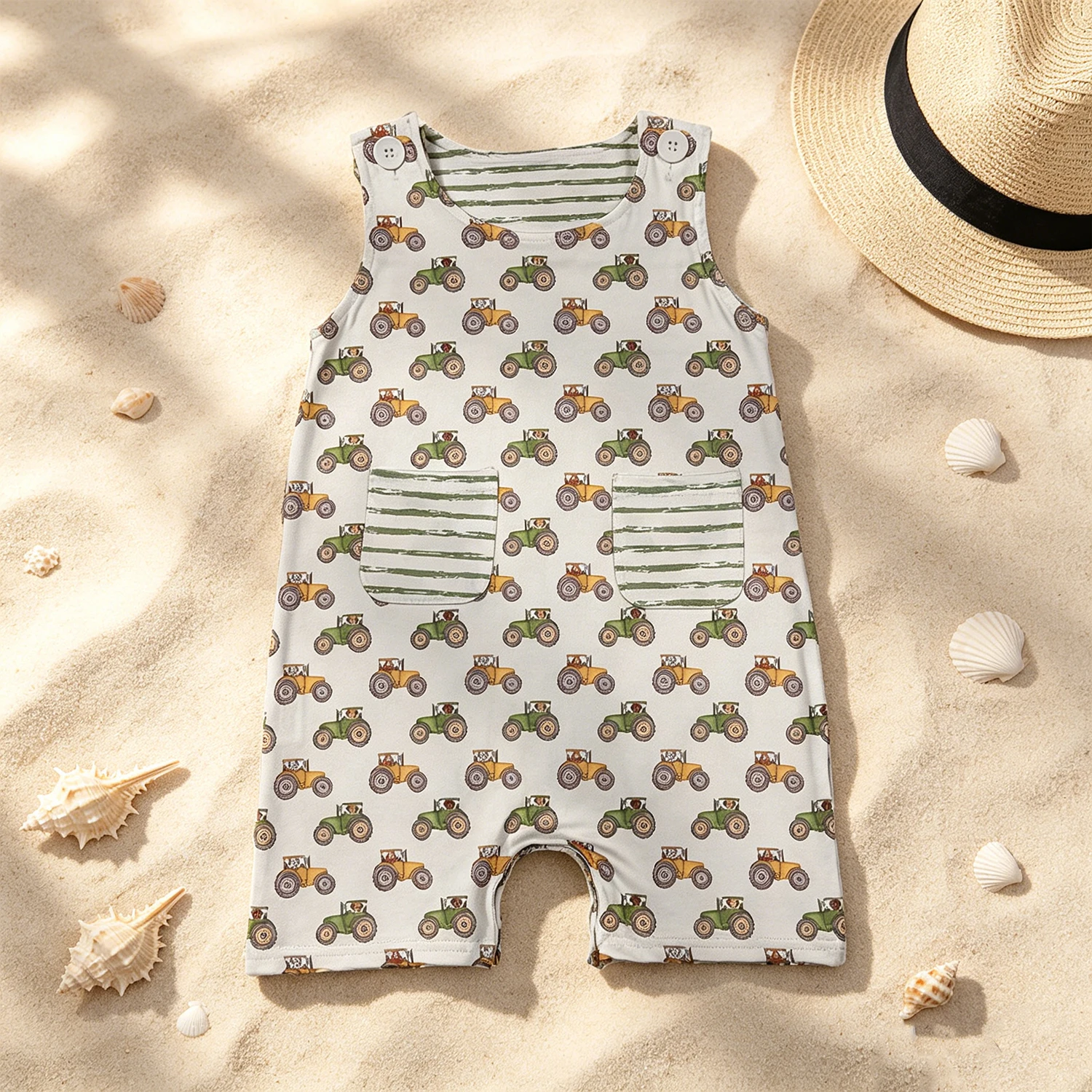 Wholesale Kids Toddler Pockets Romper Children Boys Farm Tractors Newborn Infant Coverall Baby Boy Sleeveless Summer Bodysuit