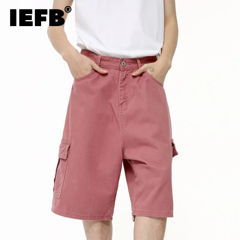 

IEEFB Casual Men's Shorts New Trendy Solid Color Jeans Streetwear Pocket Design Male Straight Knee-length Denim Pants 9C6402