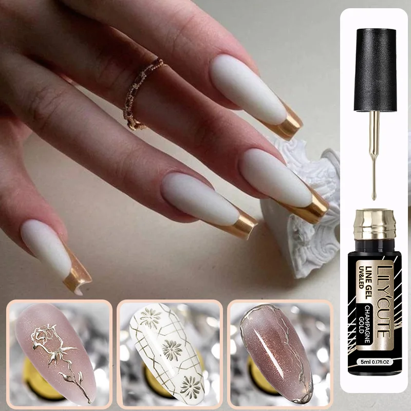 LILYCUTE Gold Metallic Painting Liner Gel Nail Polish Super Bright Mirror Graffiti Drawing Stripe French Style Nail Art Tools